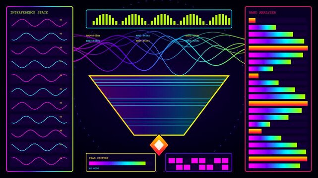 Digital displays showing edge analytics with pulsing sound waveforms and color frequency bars arranged in a neon dashboard interface for monitoring complex data stream patterns