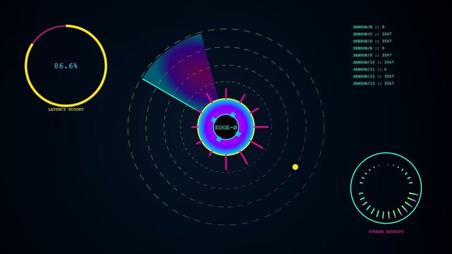 Digital displays showcasing edge analytics metrics with circular radar graphs and data bars on a dark screen representing automated system performance monitoring for modern infrastructure
