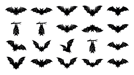 Fototapeta premium Set of black bat silhouettes in various flying and hanging poses for Halloween design.