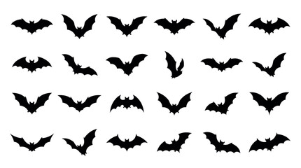 Fototapeta premium Set of various black bat silhouettes flying in different positions isolated on a white background.