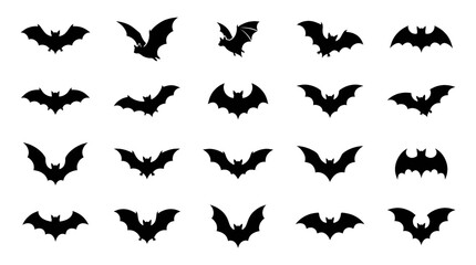 Fototapeta premium A collection of various bat silhouettes isolated on a white background.