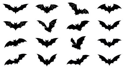 Fototapeta premium Collection of various flying bat silhouettes isolated on a white background.