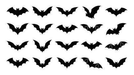Fototapeta premium Set of black bat silhouettes in various flying poses for Halloween design.