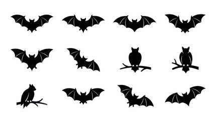 Fototapeta premium Set of black silhouettes of bats in different flying and perched poses for Halloween design.