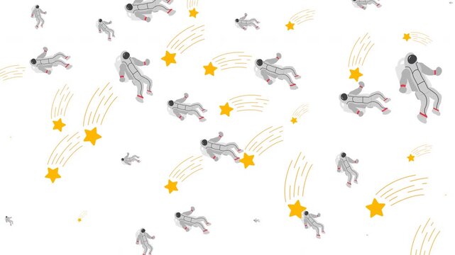 Seamless Space Pattern with Floating Astronauts and Shooting Stars on White