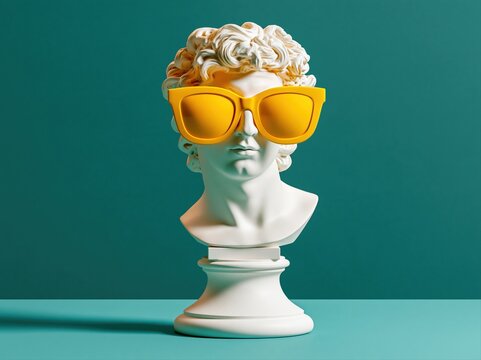 Bust of a roman statue wearing large yellow sunglasses against a teal background
