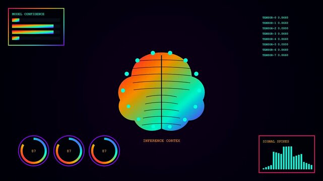Three screens displaying edge analytics digital brain interfaces with glowing data nodes and colorful gradient charts show real time processing in a dark virtual studio space