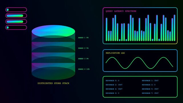 A glowing edge analytics interface displays dynamic streaming data metrics across multiple database nodes with vibrant neon bar charts and cycling waveform patterns for system status monitoring