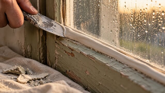 A hand holds a weathered putty knife scraping away peeling paint from an aged wooden window frame, showing wet streaks on the glass pane beside it, suggesting repair work in a dim setting