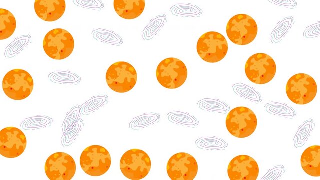 Seamless space pattern with orange planets and purple spiral galaxies on white