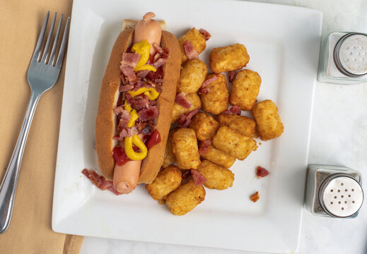 hot dog served with tater tots
