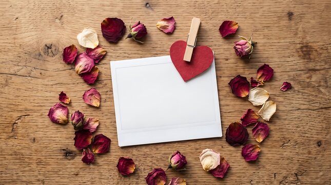 Blank note with red heart and dried rose petals on wooden background
