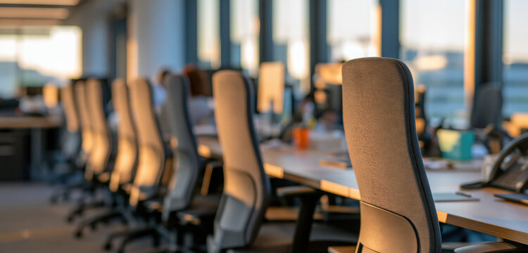 Modern office interior with rows of desks and chairs in warm sunset light, empty workspace with large windows and blurred background