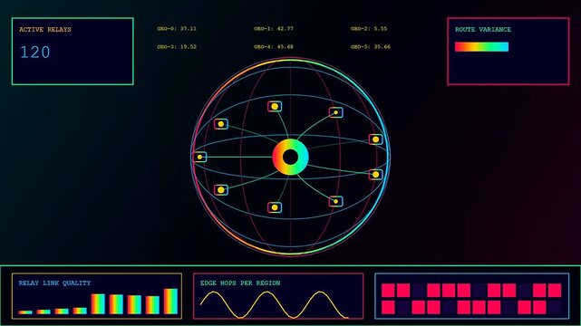 Digital edge analytics dashboard showcasing a network relay system with glowing geometric spheres and live data bars flickering in a dark interface for modern software projects