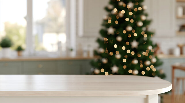 Empty wooden table blurred christmas tree background bright kitchen interior product display mockup copy space for text soft natural light home decor setting festive holiday scene shallow depth