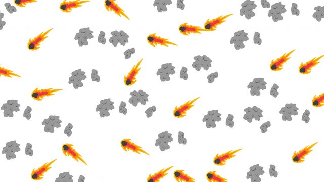 Seamless pattern with flat vector flaming comets and grey asteroids on white