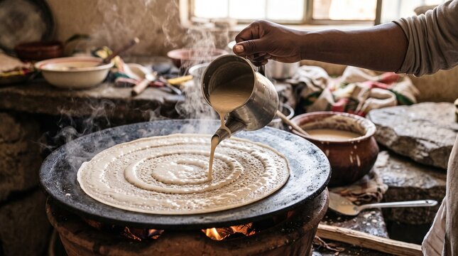Anonymous hands prepare Ethiopian injera on a hot griddle, capturing traditional cooking technique for recipes, culinary education, restaurant content, and food advertising.
