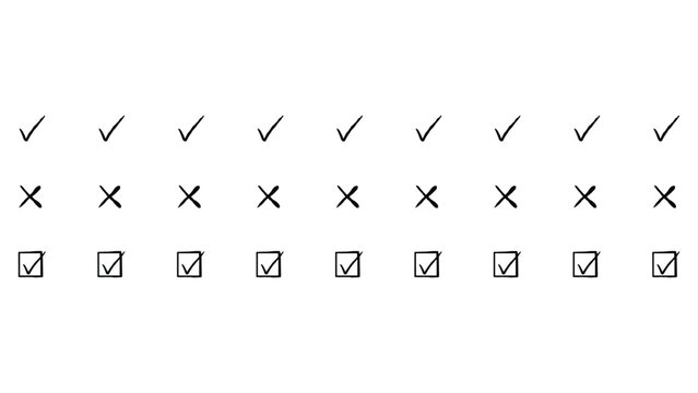 A collection of hand drawn check marks cross marks and square boxes isolated on a white background for business forms