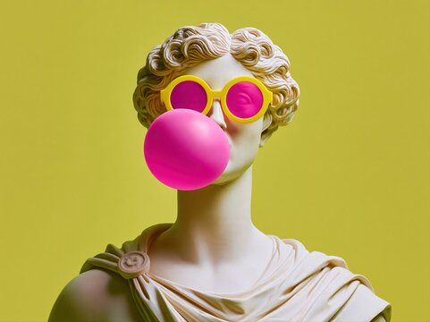 Colorful sunglasses and chewing gum on a sculpture against a bright background