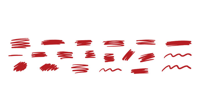 A collection of handdrawn red scribble strokes and markers isolated on a white background for creative design elements and artistic digital overlays