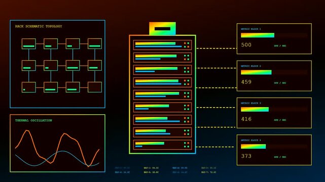 A digital edge analytics interface displays server rack performance metrics and thermal oscillation waves in a rhythmic sequence moving across three separate computer screen view monitor panels