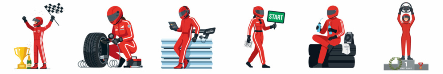 Obraz premium Set of race car driver illustrations in red racing suit celebrating victory, changing tires, and standing on the podium.
