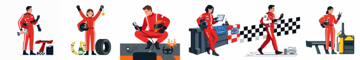 Obraz premium Set of flat vector illustrations depicting male and female professional racers in red suits with racing equipment, victory trophies, and pit stop scenes.