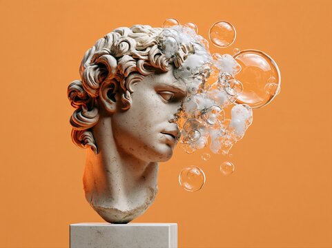 Sculpture of a head with bubbles against a bright orange background