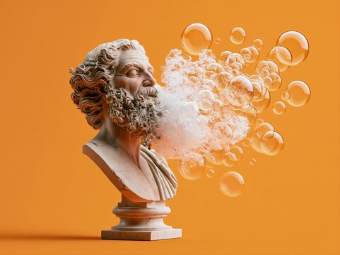 Sculpture of an ancient philosopher with bubbles emerging from the mouth against an orange background