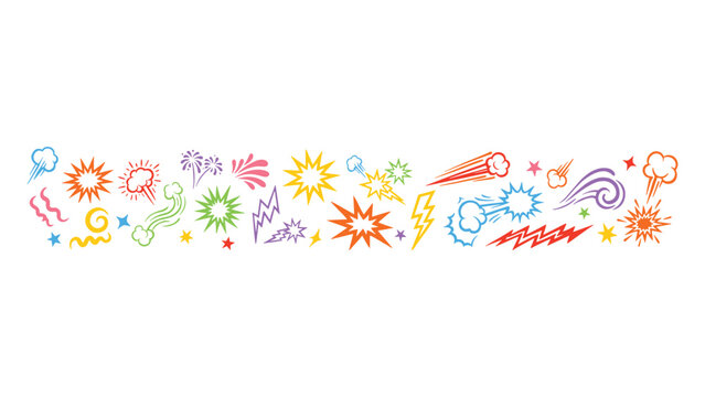 A colorful collection of comic book style explosion effects speech bubbles and action shapes isolated on a clean white background