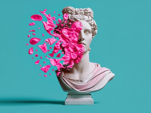 Creative sculpture of a classical bust with a modern twist featuring bright pink elements