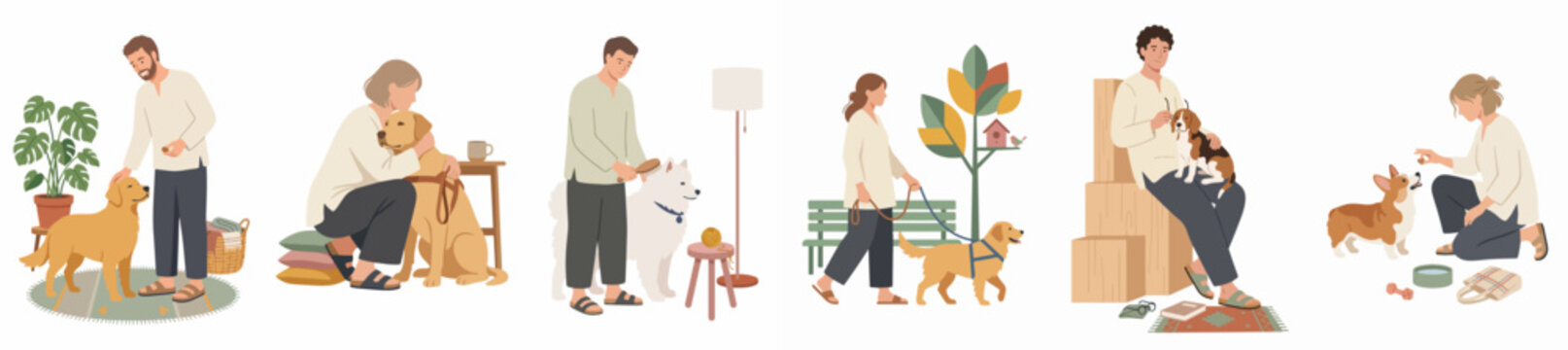 Collection of flat illustrations showing people caring for and bonding with their dogs through various daily activities both indoors and outdoors.