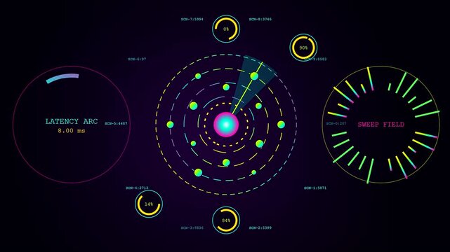 Edge analytics data visualization displaying circular radar interfaces with glowing neon rings and streaming pulse indicators for real time monitoring of complex system network traffic flows