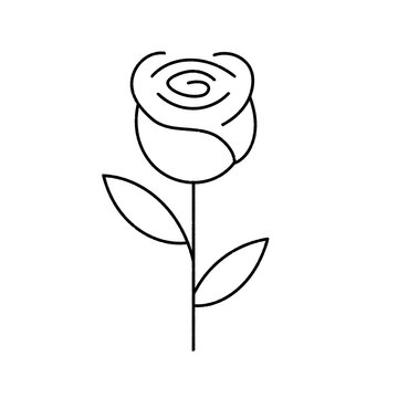 A clean and elegant black line art illustration of a blooming rose with a stem and leaves