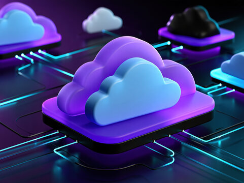 Cloud computing cloud network data storage digital network server platform technology background neon light purple cloud blue cloud abstract illustration cloud service computer network internet
