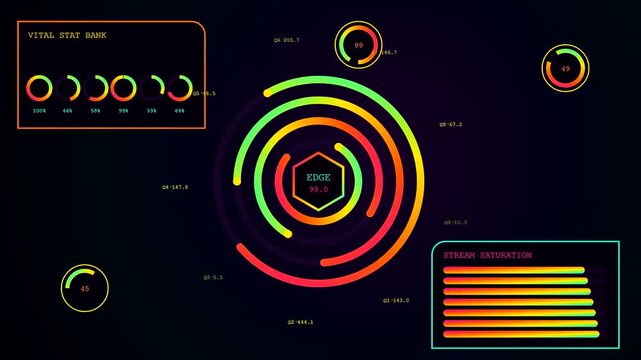 Digital displays showcasing edge analytics metrics with glowing concentric rings and circular charts animating across a dark void interface to represent data flow and system processes