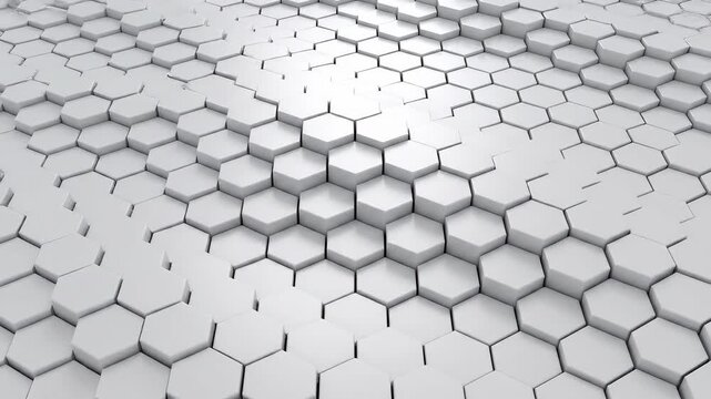 Hexagonal grid pattern morphing with soft light and shadow during a slow camera pan across its surface