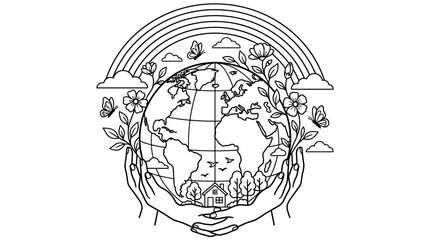 Obraz premium Hands cradle the Earth surrounded by nature, flowers, butterflies, and a rainbow, representing environmental care and hope.