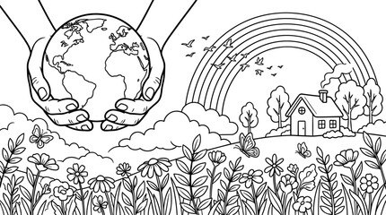 Obraz premium Hands holding planet Earth over a meadow with flowers, butterflies, trees, a house, and a rainbow