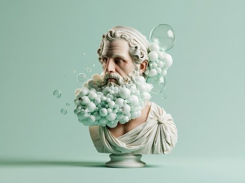 Marble sculpture of a bearded figure surrounded by bubbles in a soft green background