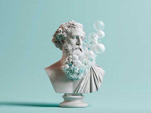 Sculpture of a bearded figure with bubbles and flowers against a light blue background