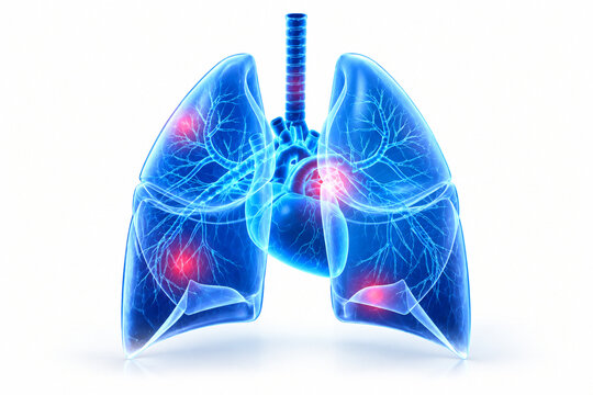 3D Glowing Blue Glass Human Lungs and Heart Anatomy Model with Red Inflammation Points