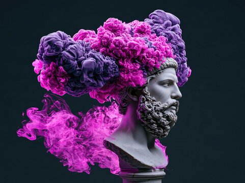 Sculpture of a man's head with colorful smoke surrounding it in an artistic display