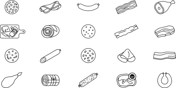 Deli Meat Icon Set with Sausage and Cured Ham Slice Symbols