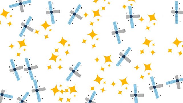 Seamless pattern with cartoon satellites and shining stars on white background