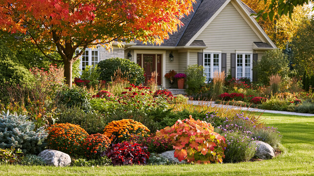 Residential home showcasing expert landscaping with diverse plants, colorful autumn leaves, and blooming chrysanthemums in a front yard