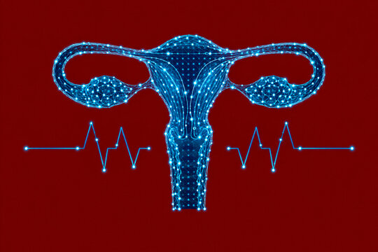 Digital Wireframe Uterus Hologram with Pulse Waveform Femtech Women Health Technology Concept