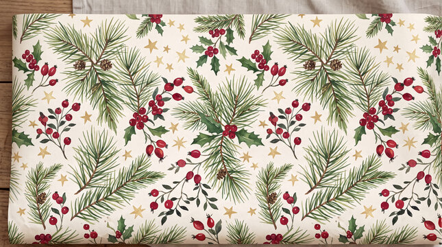 seamless overhead view of flat rolled out christmas wrapping paper with watercolor pine needles golden stars and delicate red winter berries on ivory parchment with rich festive detail