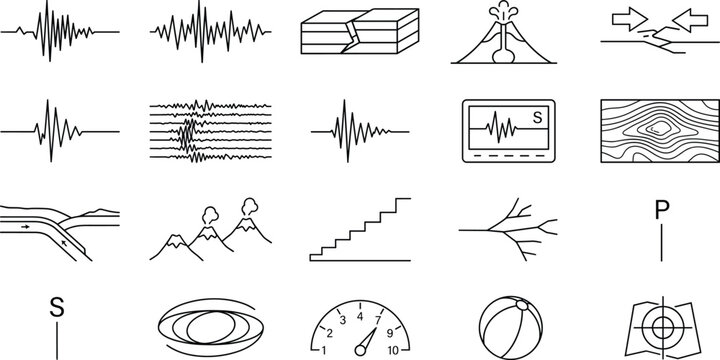Seismology Earthquake Icon Set with Seismic Wave and Geology Symbols