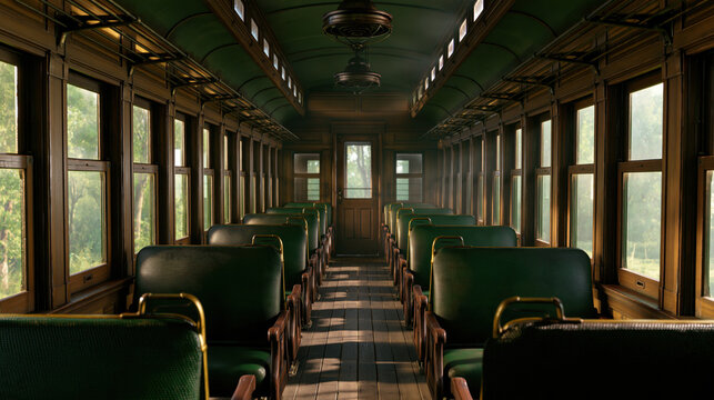 Old train car interior empty passenger car green seat wooden trim aisle view vintage style daylight window reflection cinematic wide shot